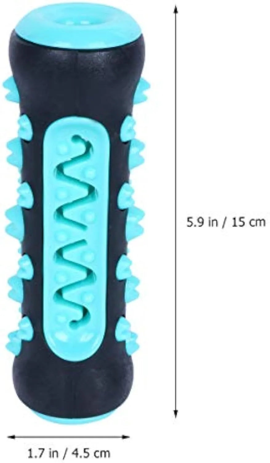 A 15cm long natural rubber dog toothbrush chew toy in assorted colours.
