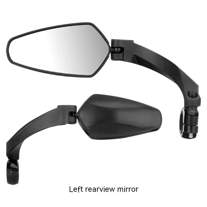 Black PMMA acrylic mountain bike rearview mirror showing left, right, and paired mounting options