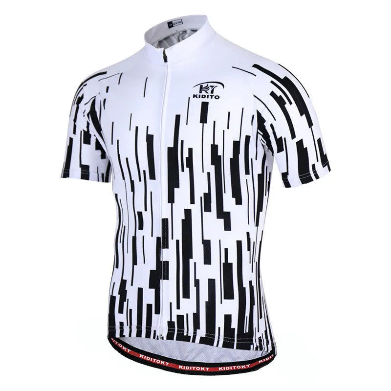 Men's summer cycling jersey set in white with moisture wicking fabric, short sleeves, and black shorts