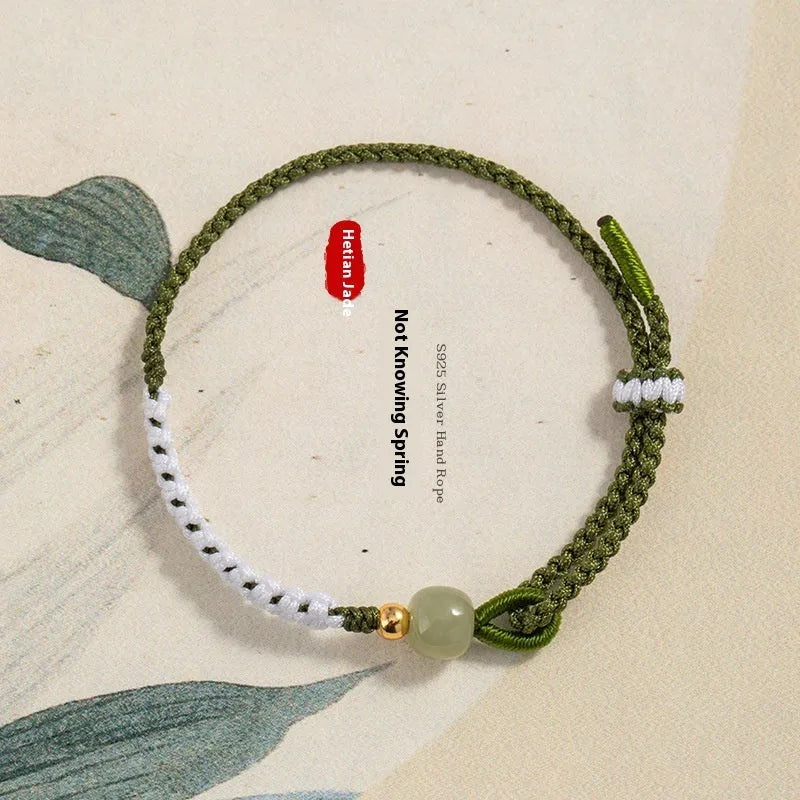 Hetian jade and sterling silver Chinese national fashion bracelet with electroplated cord