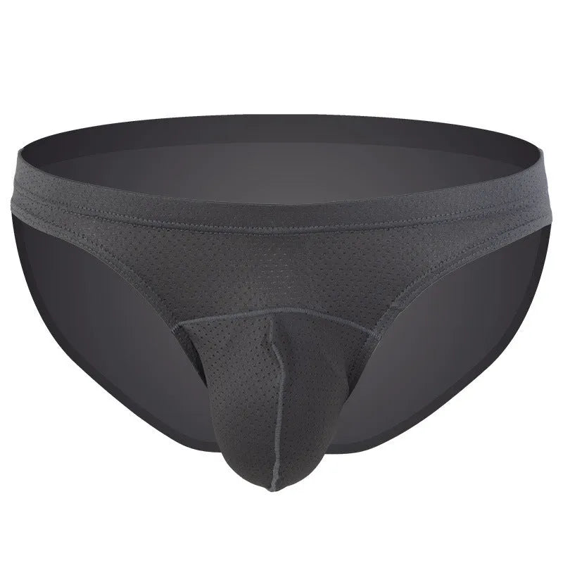 Men's transparent loose nylon underwear in blue, shown on a size chart.