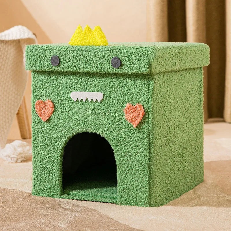 Foldable stool doghouse for small dogs, 35x35cm, with removable washable Teddy velvet cover in green dinosaur colour