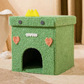 Foldable stool doghouse for small dogs, 35x35cm, with removable washable Teddy velvet cover in green dinosaur colour