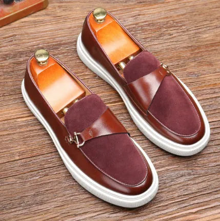 Plus size men's business casual board shoes in brown with flat heel, round toe, and rubber sole