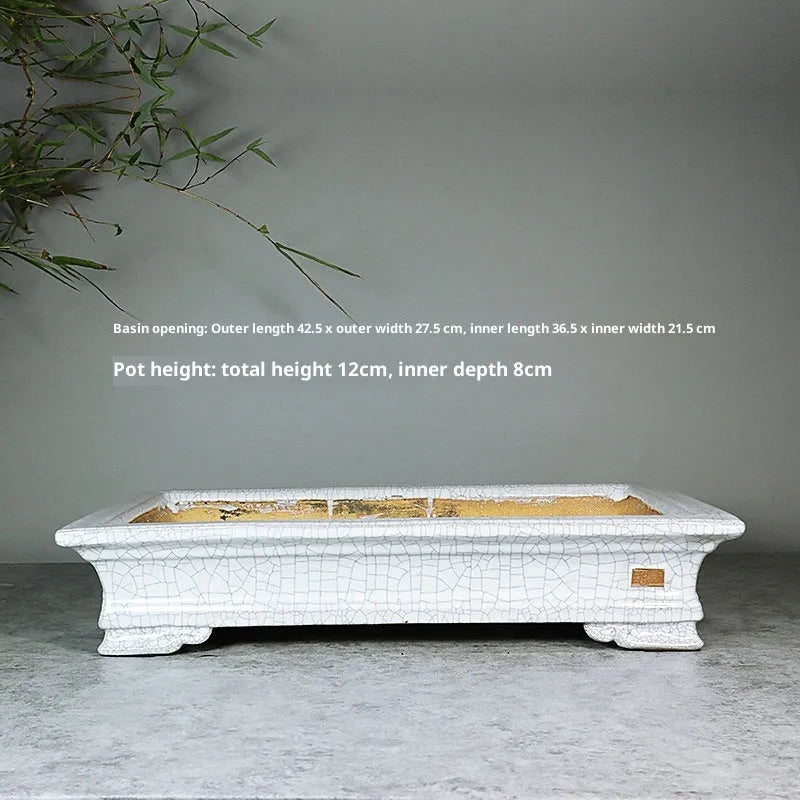 White cracked ceramic bonsai flowerpot with bamboo plant, manual purple sand craft