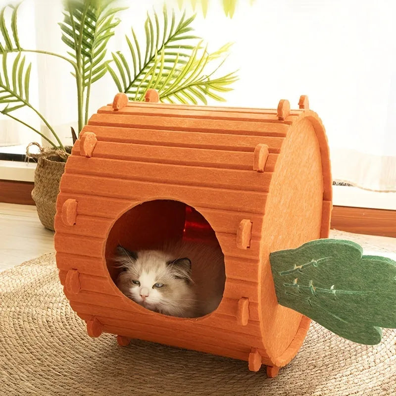 Carrot-shaped felt cat tunnel nest with semi-enclosed drilled design in various colours