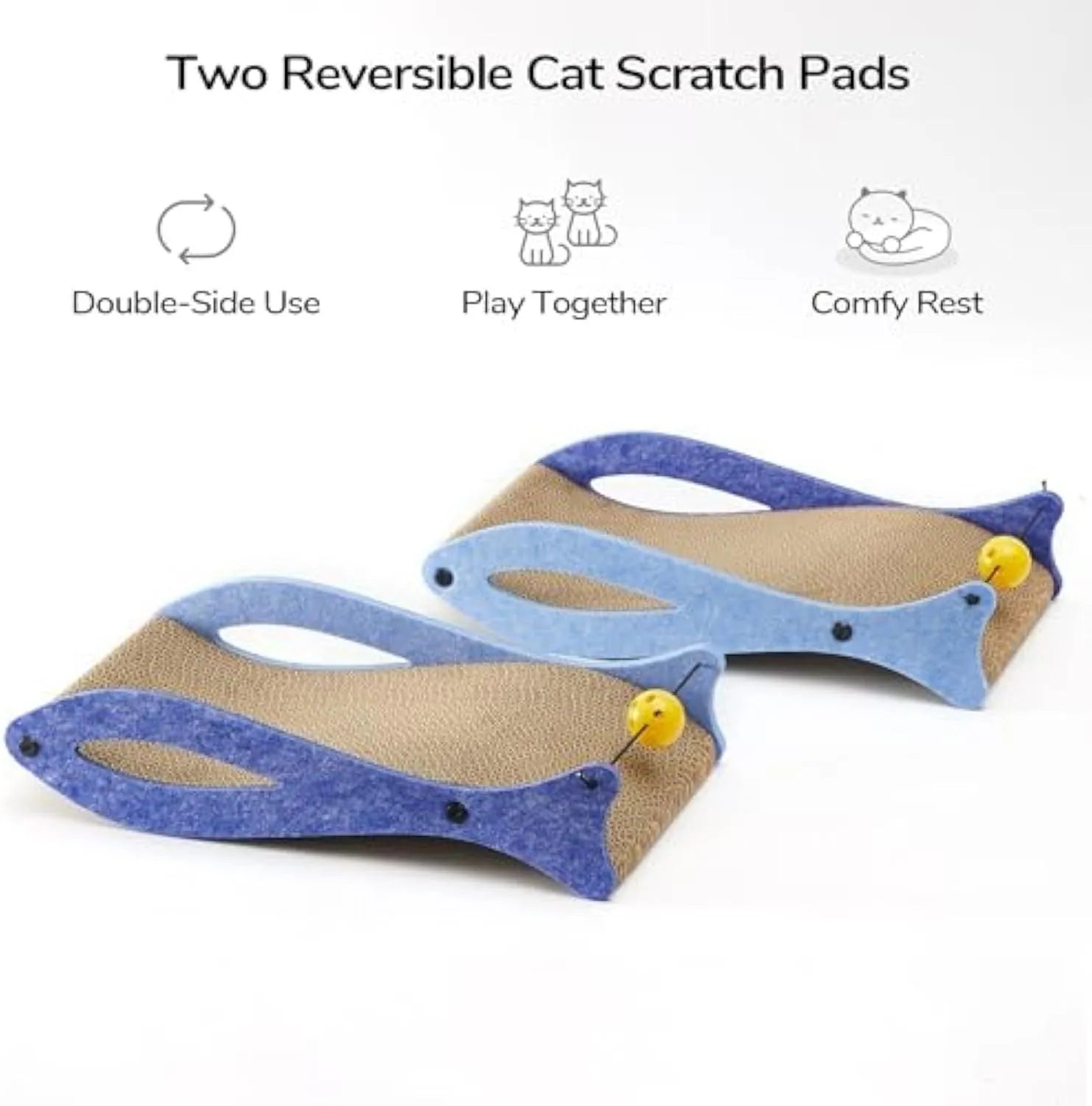 Blue fish-shaped cat scratcher pad with wavy design and hanging bell ball toy