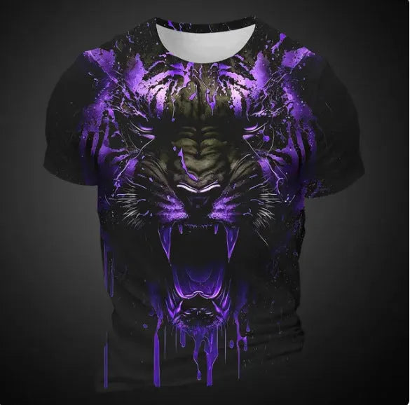 Men's grey t-shirt with a detailed 3D tiger face print on the chest.