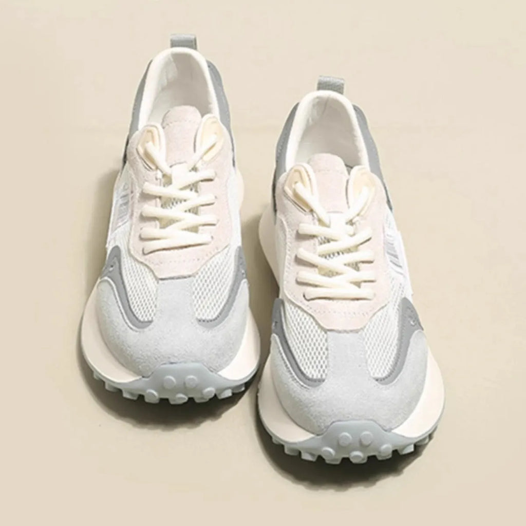 Women's grey and pink retro sneakers with mesh lining and rubber soles, low-top design