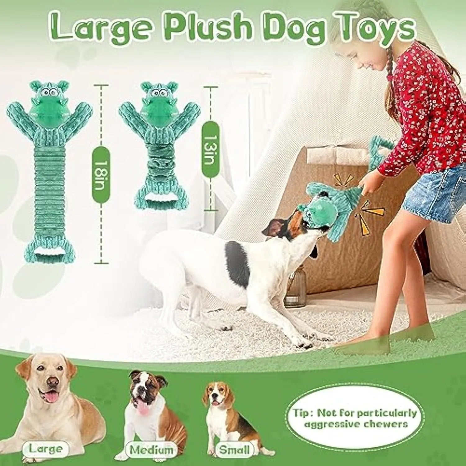 Large blue and green plush hippo dog toy with a handle, shown extended for tug of war