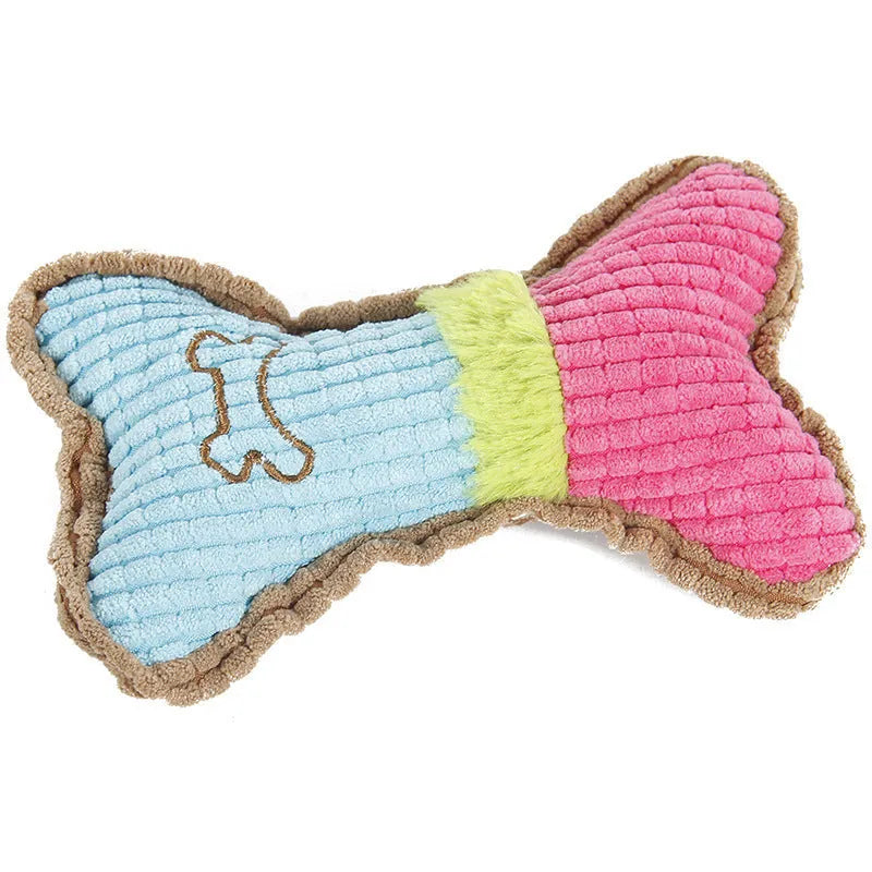 Three plush dog squeaky toys in blue white colour, each measuring 17x10x2cm, on a light background