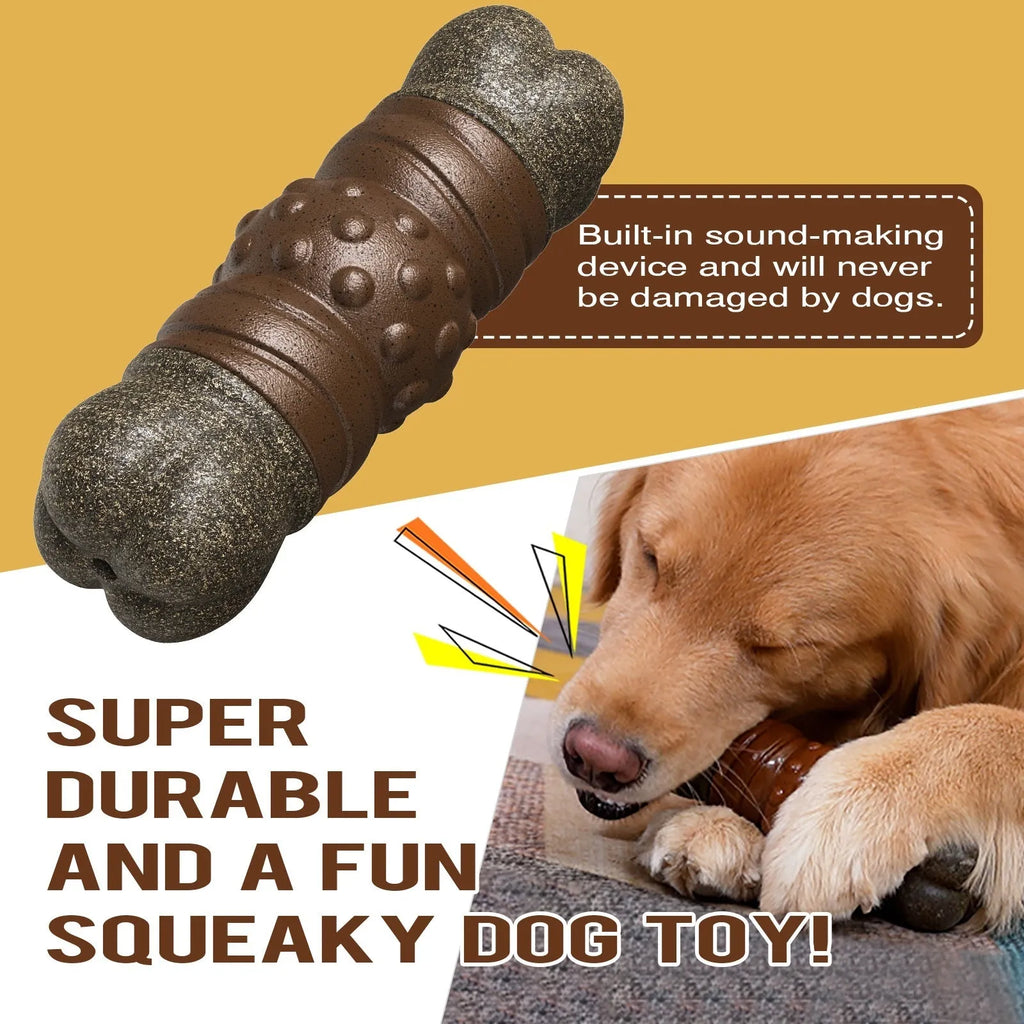 Wood colour plastic dog dental chew toy with sounding bone shape and molar rod