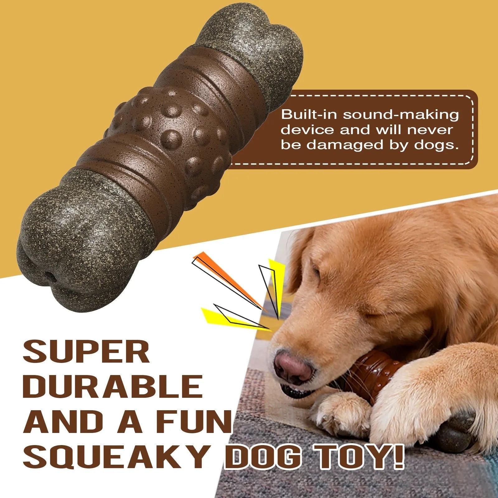 Wood colour plastic dog dental chew toy with sounding bone shape and molar rod