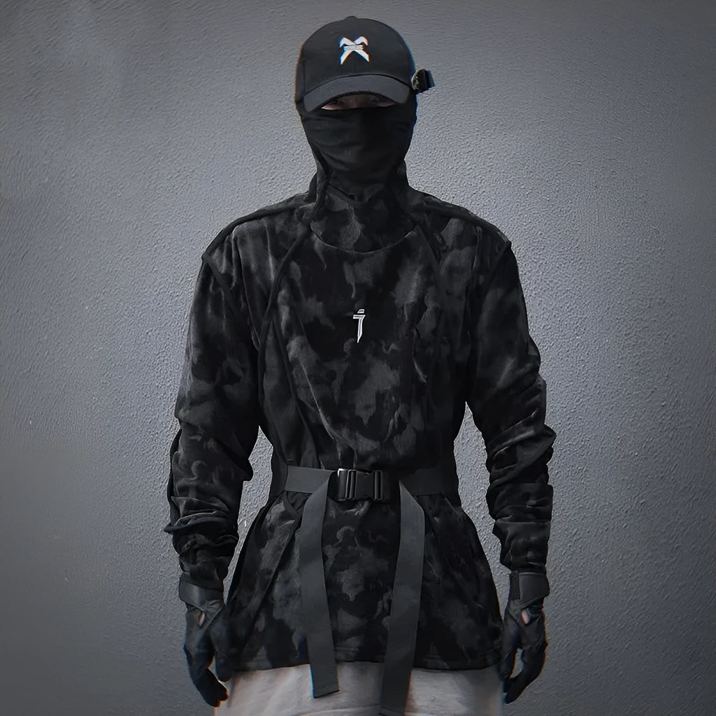 Men's black tie dye finger print turtleneck sweater with drop shoulders and loose casual fit
