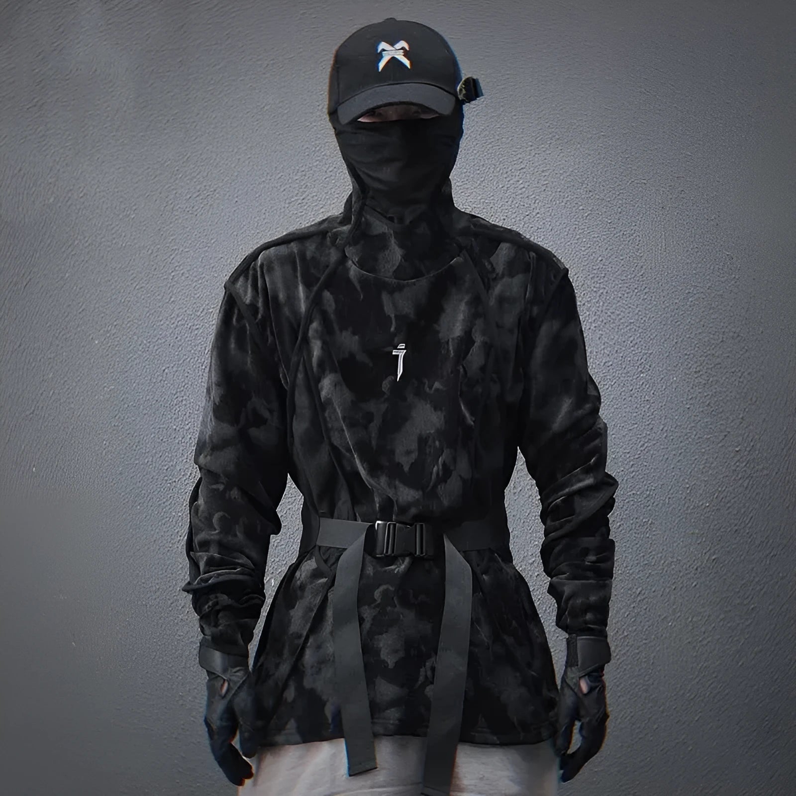 Men's black tie dye finger print turtleneck sweater with drop shoulders and loose casual fit
