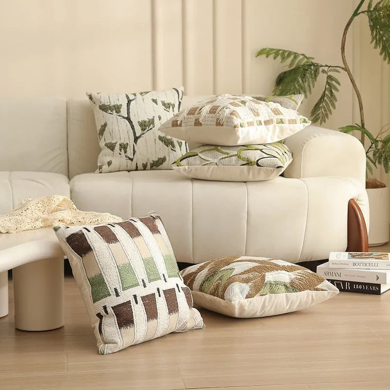 45cm square Jacquard cushion cover with Nordic plant and flower pattern in a retro colour.