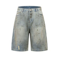 Blue washed denim cropped middle pants with straight leg and zipper fly