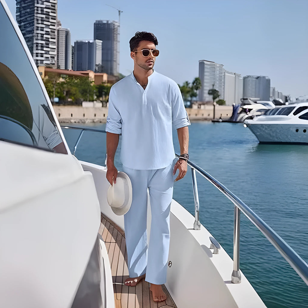 Men's casual cotton trousers suit in a solid colour, showing long sleeve top and matching trousers