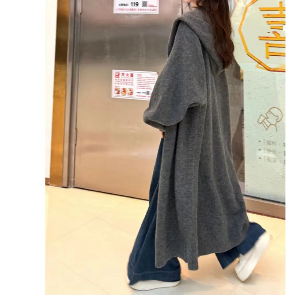 Korean style women's hooded long cardigan in below-the-knee length, loose fit
