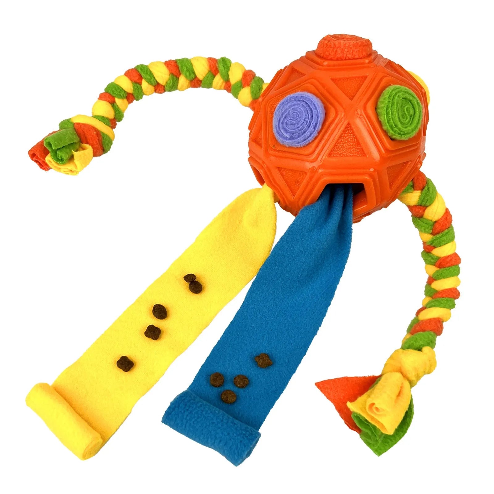 TPE sniffing ball dog puzzle toy showing textured surface with openings for treat dispensing