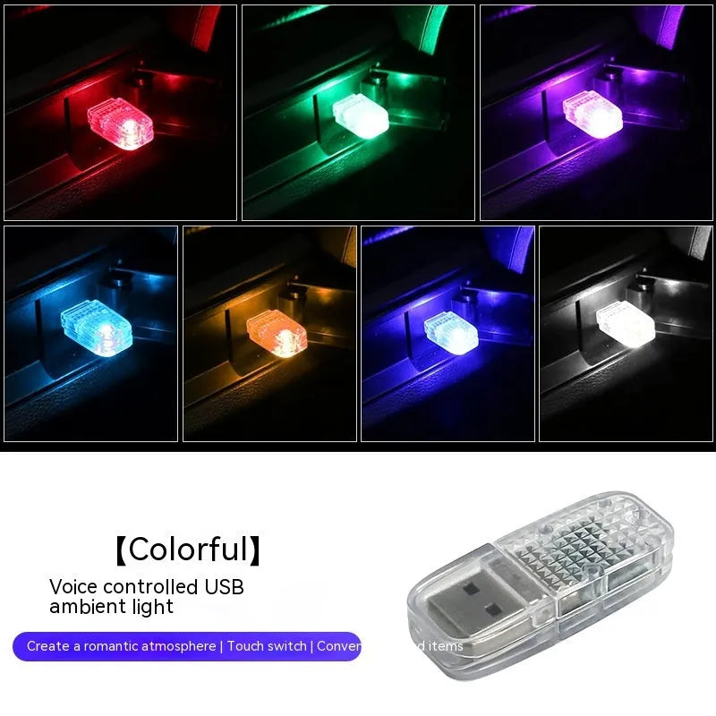 Multi-function car USB atmosphere light with touch switch and RGB voice control on a car dashboard
