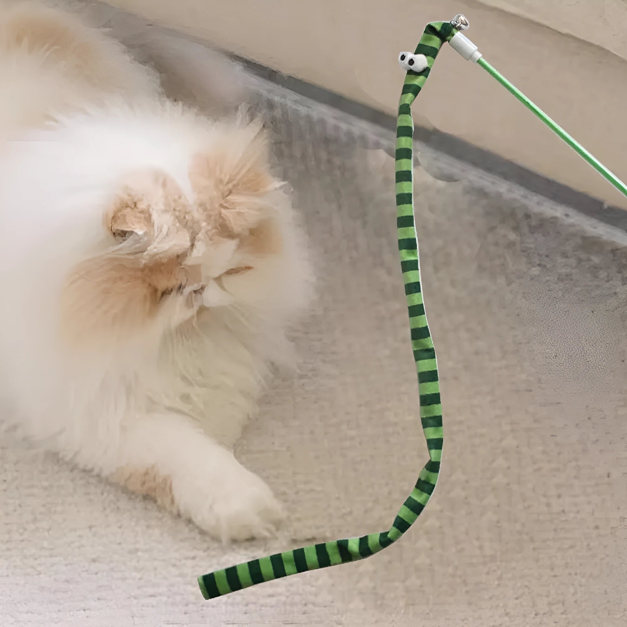 Cat wand teaser toy with polycarbonate pole and long plush strip in vivid colours