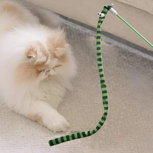 Cat wand teaser toy with polycarbonate pole and long plush strip in vivid colours