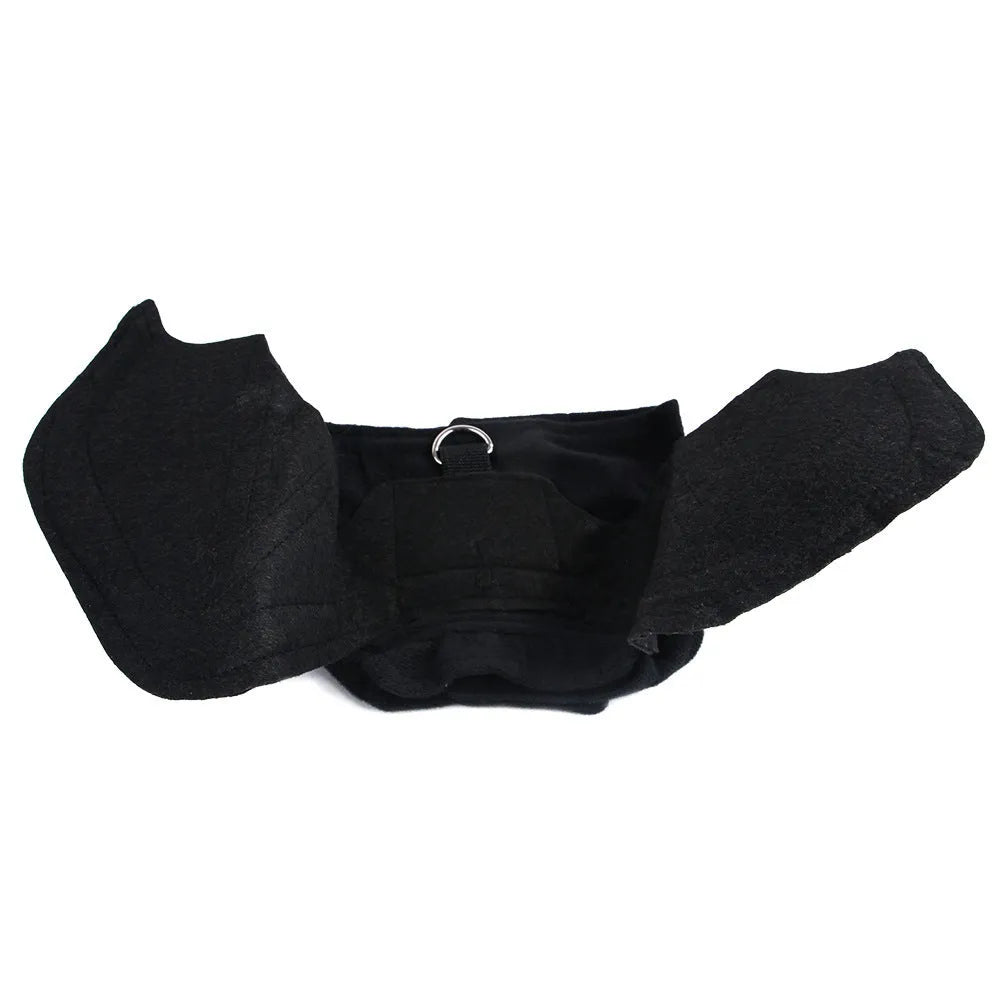 Black cloth pet bat costume with 3D wings on a dog or cat, available in sizes S M L