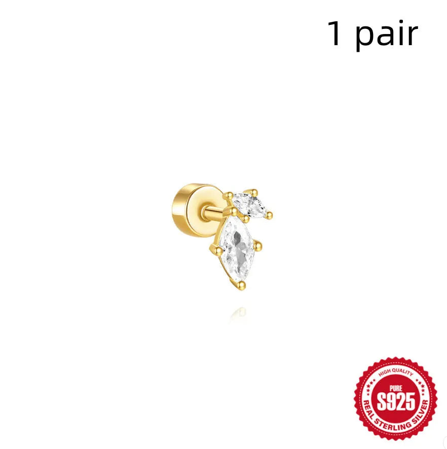 S925 sterling silver geometric flat column thread ear bone studs in gold plating.