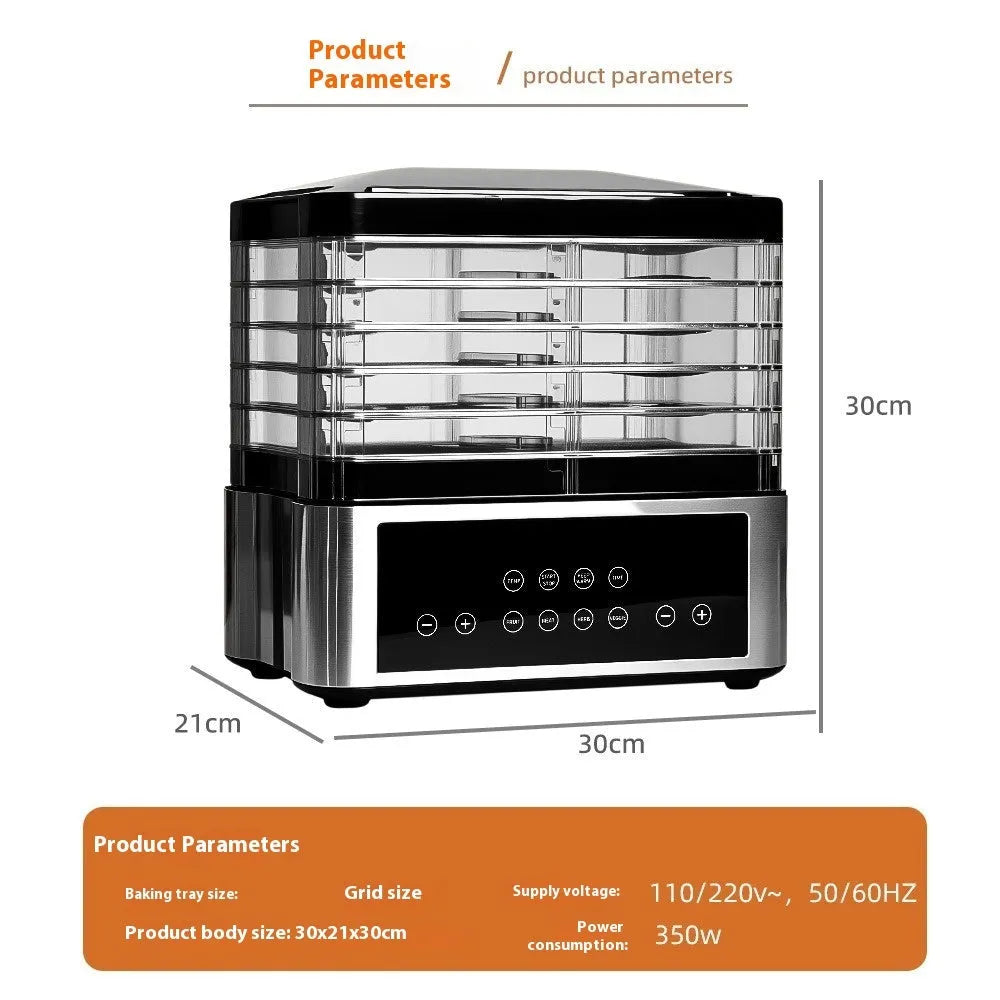 Silver stainless steel household food dehydrator with 14-litre capacity display