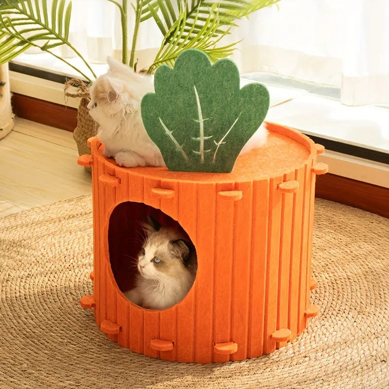 Carrot-shaped felt cat tunnel nest with semi-enclosed drilled design in various colours
