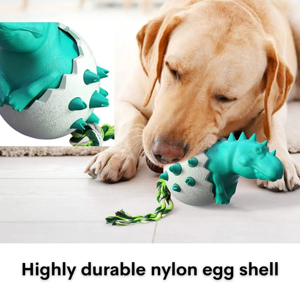 Blue durable dinosaur-shaped dog chew toy with textured grooves and an attached rope for aggressive chewers
