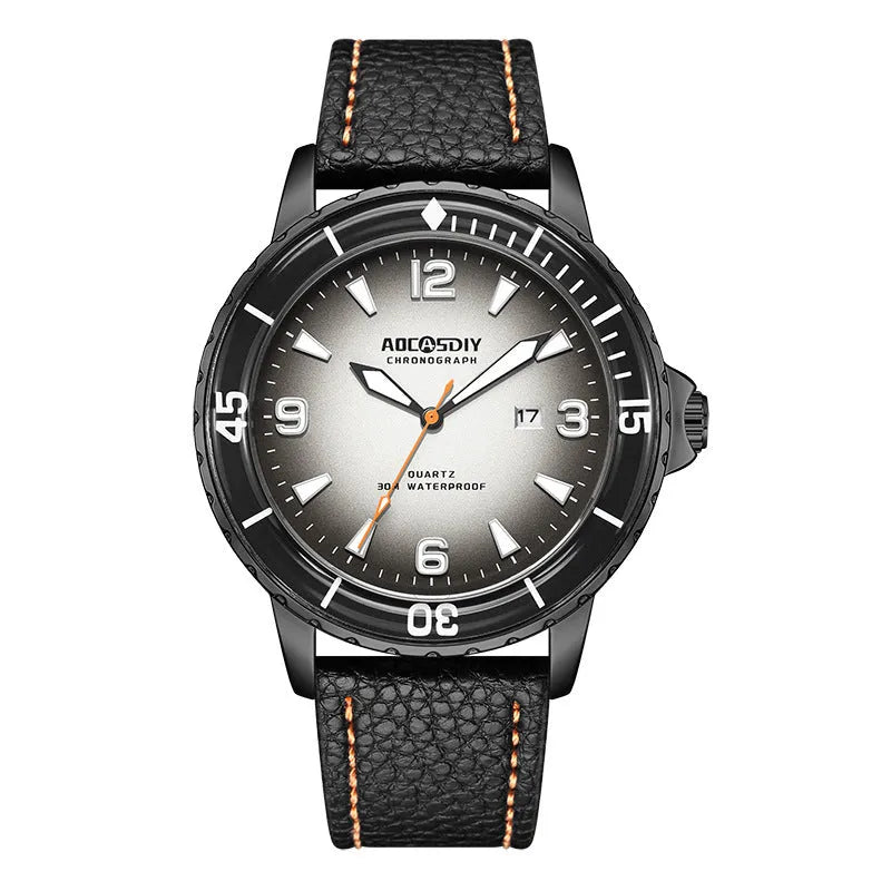 Casual digital men's quartz watch with 45mm round dial, calendar, mineral glass, and spiral crown on light background