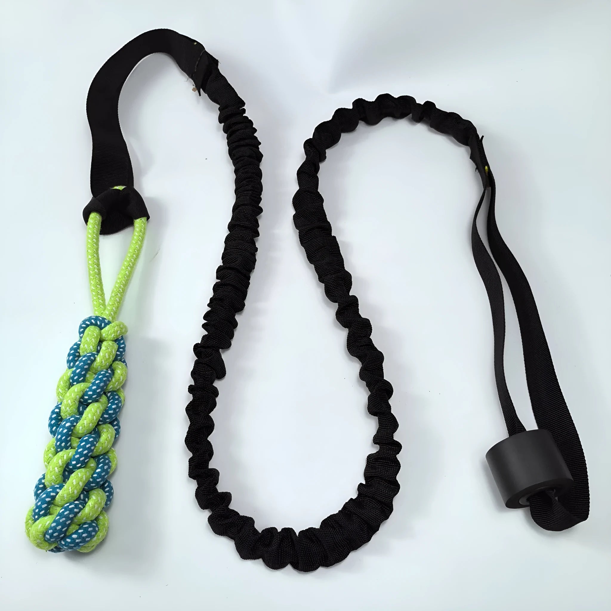 Green dog tug of war rope toy with cotton rope and a choice of corncob, teether ball, or handle draw attachments.