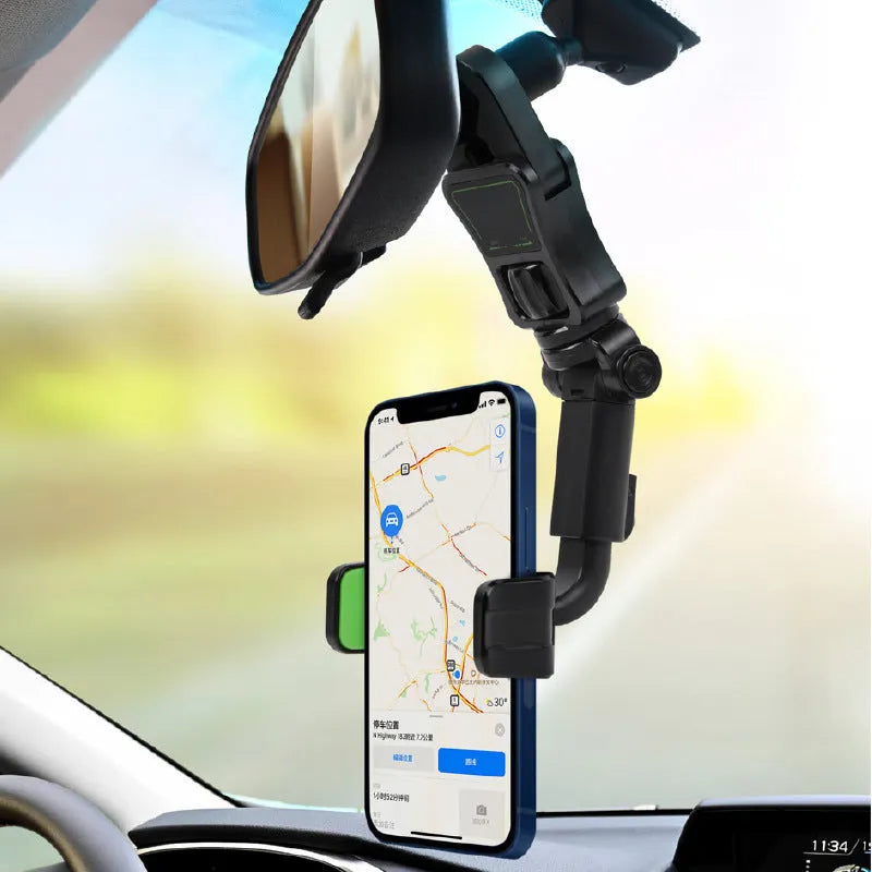 Car mobile phone holder clipped onto rear view mirror with ABS bracket in black and green colour