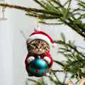 Colourful cartoon-style kitty cat Christmas ornament hanging, made from clear acrylic for car interiors.
