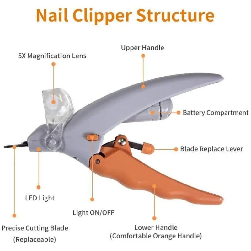 Yellow pet nail clipper with built-in LED light and magnifying lens for dogs and cats.