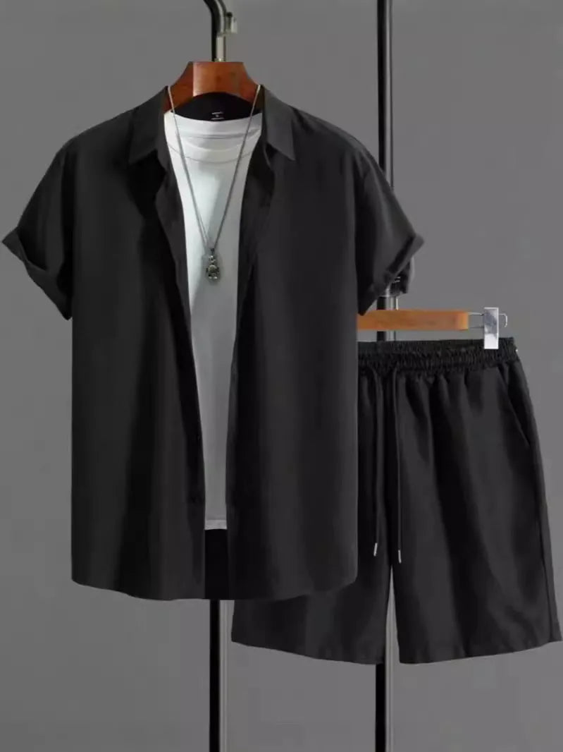 Men's jacquard pattern short sleeve shirt and matching shorts suit set in neutral colour