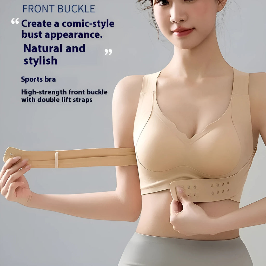 Women's cross design exercise bra with front buckle closure and back shaping in nylon fabric