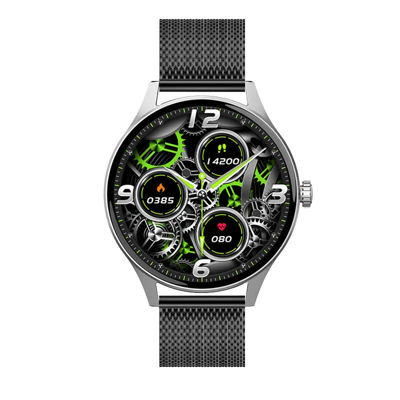 Smart watch with blood glucose and heart rate monitoring on a coloured AMOLED screen.
