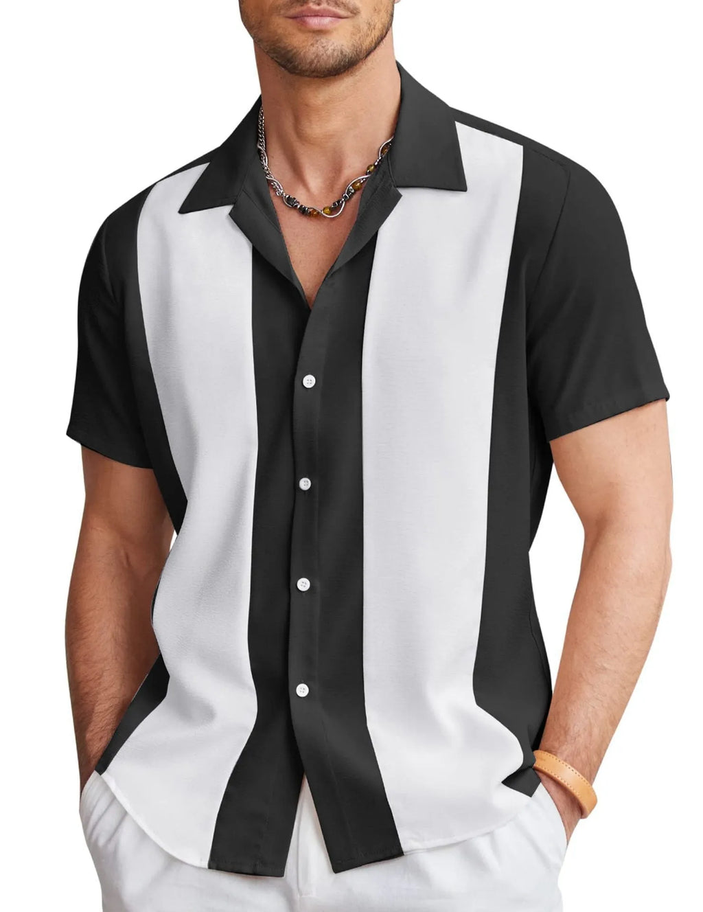 Men's slim fit short sleeve Hawaiian shirt cardigan in elastic polyester fabric