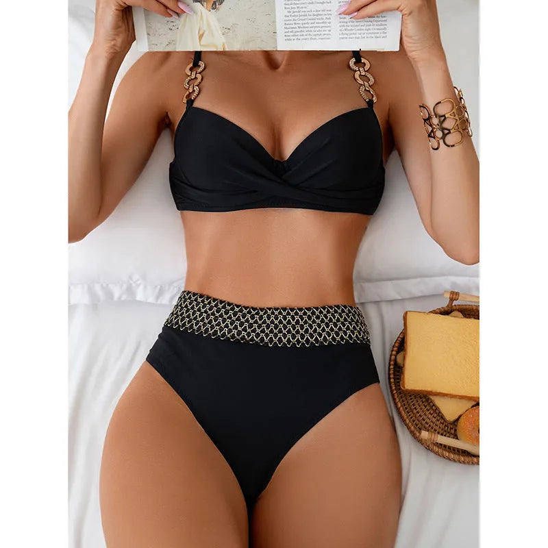 Black European and American style bikini swimsuit with high elasticity polyester construction