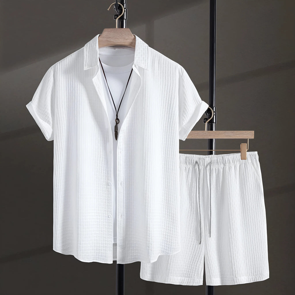 Men's loose fit cotton blend beach set with short sleeve shirt and shorts in solid black or white