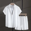 Men's loose fit cotton blend beach set with short sleeve shirt and shorts in solid black or white