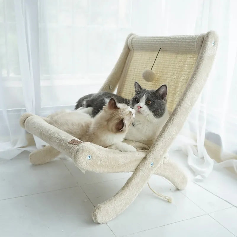 Pet cat sofa bed sunbathing chair with sisal and wood construction, beige with mat on back, for cats under 20 catties