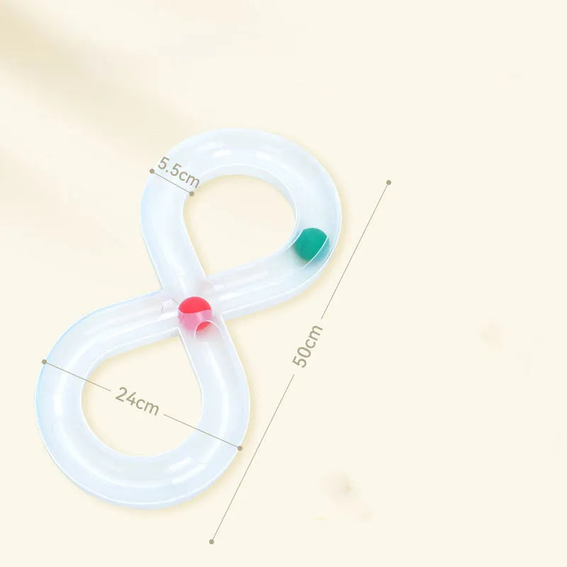 Blue and white interactive cat play station with turntable track, ball, and feather teaser stick.