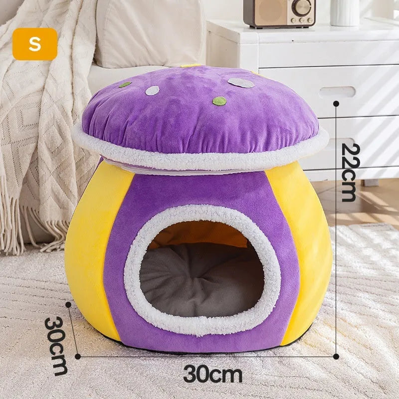 Grey mushroom-shaped plush cat bed nest for small pets on a white background.