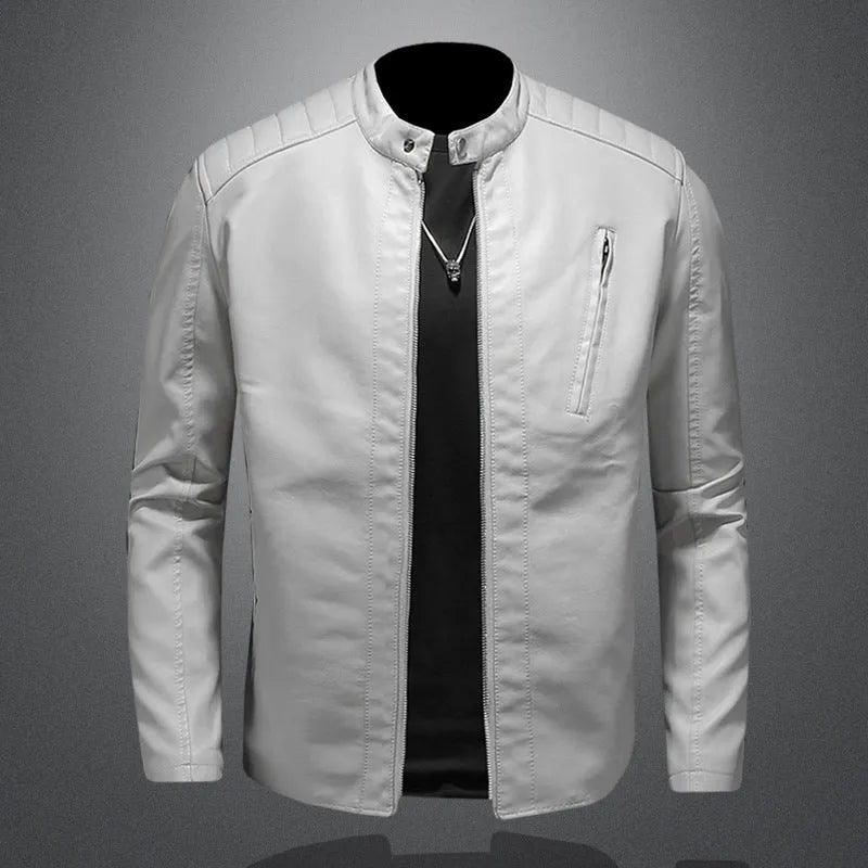 Fall plus size PU leather jacket with stand collar for men, available in black or white, featuring zipper pockets