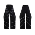 Men's black trousers with three-dimensional cut and silver metal rivet pleat detailing.