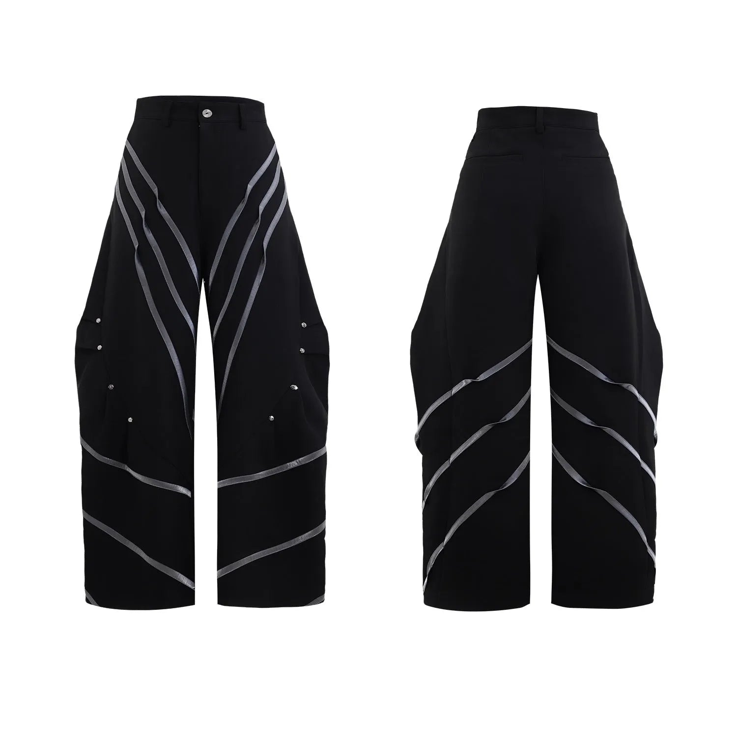 Men's black trousers with three-dimensional cut and silver metal rivet pleat detailing.